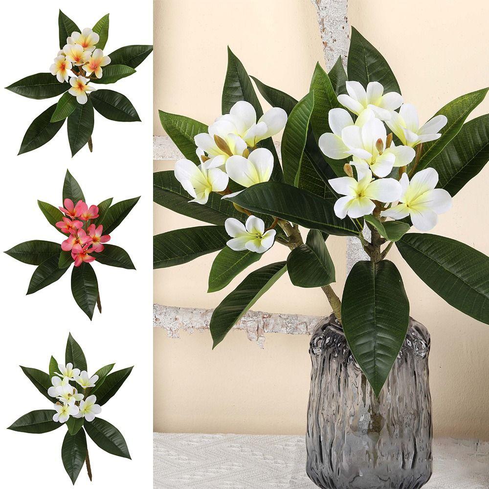 Real Touch Artificial Plumeria Flowers DIY with Green Leaves Simulation Frangipani Branch Long Stems Multicolor