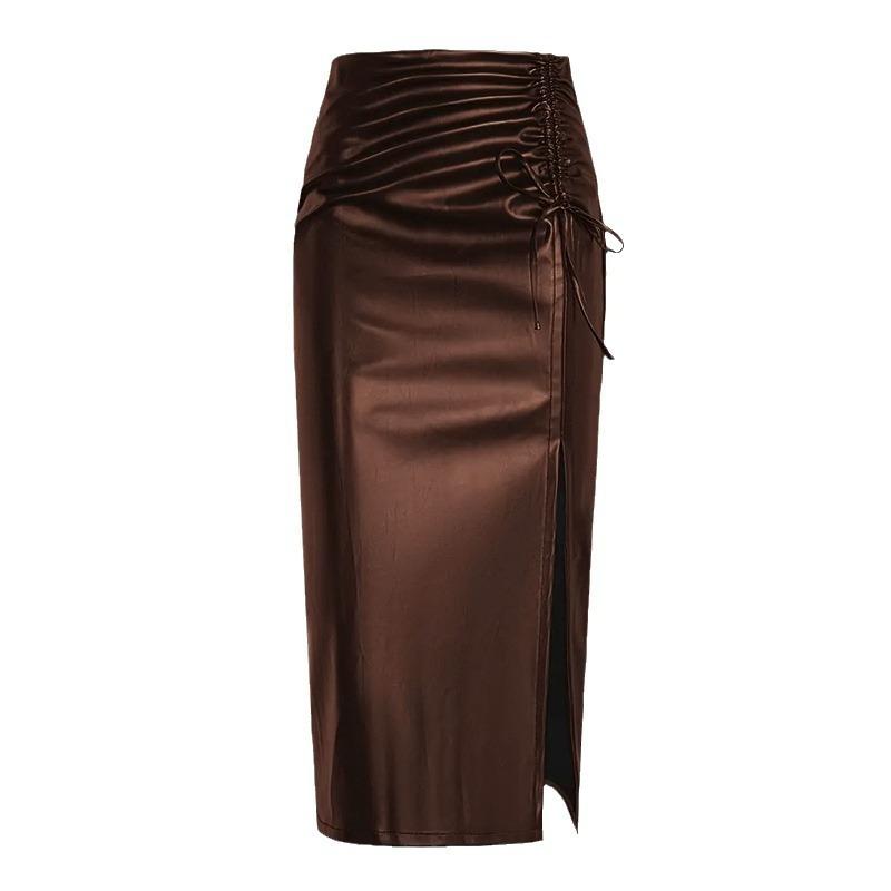Women's New Slit High Waist Drawstring with Solid Color Mid Length Skirt