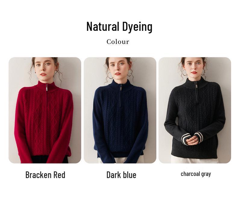 Women's High Neck Half-Zip Cashmere Sweater - 2025 Autumn/Winter Korean Style Jacquard Knit Warm Base Layer