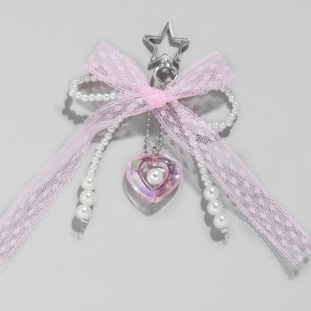 Charming White Pearl Beaded Lace Bow Keychain Bag Charm