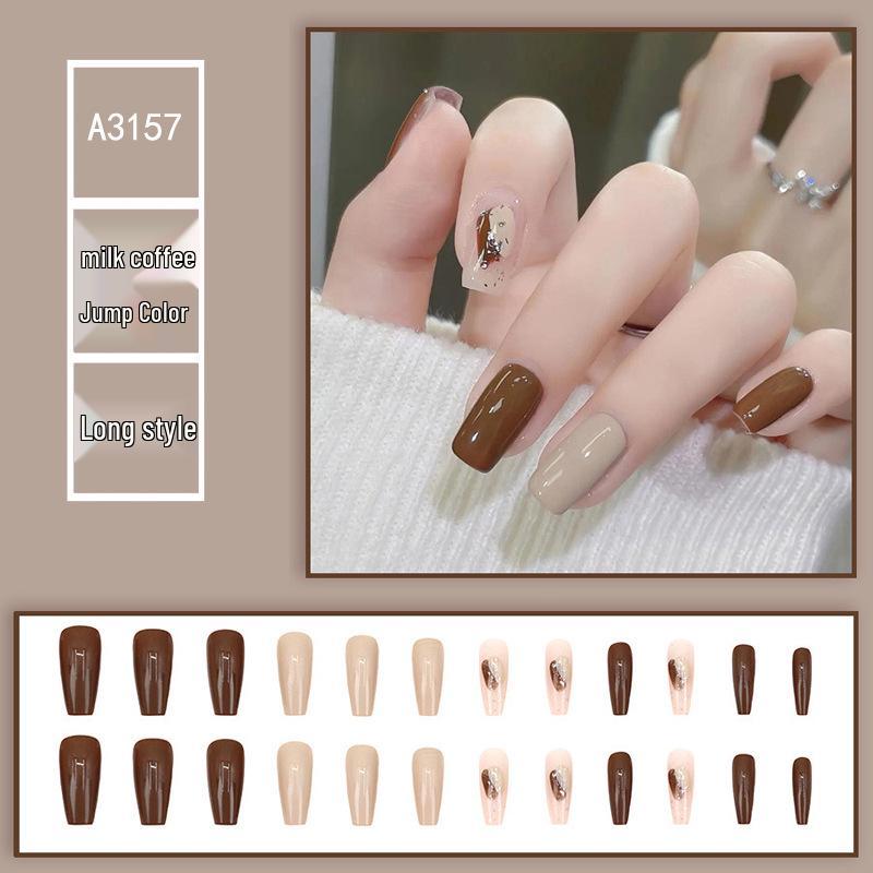 

Heart Patchwork Coffee Glitter Long Wearable Nails - Versatile Full Size False Nail Pieces