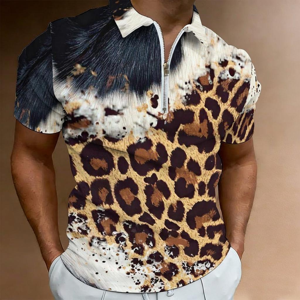 Women Short Sleeve Polo Shirt Khaki Black Brown Full Leopard Spot Print Half Zip Lapel Top
