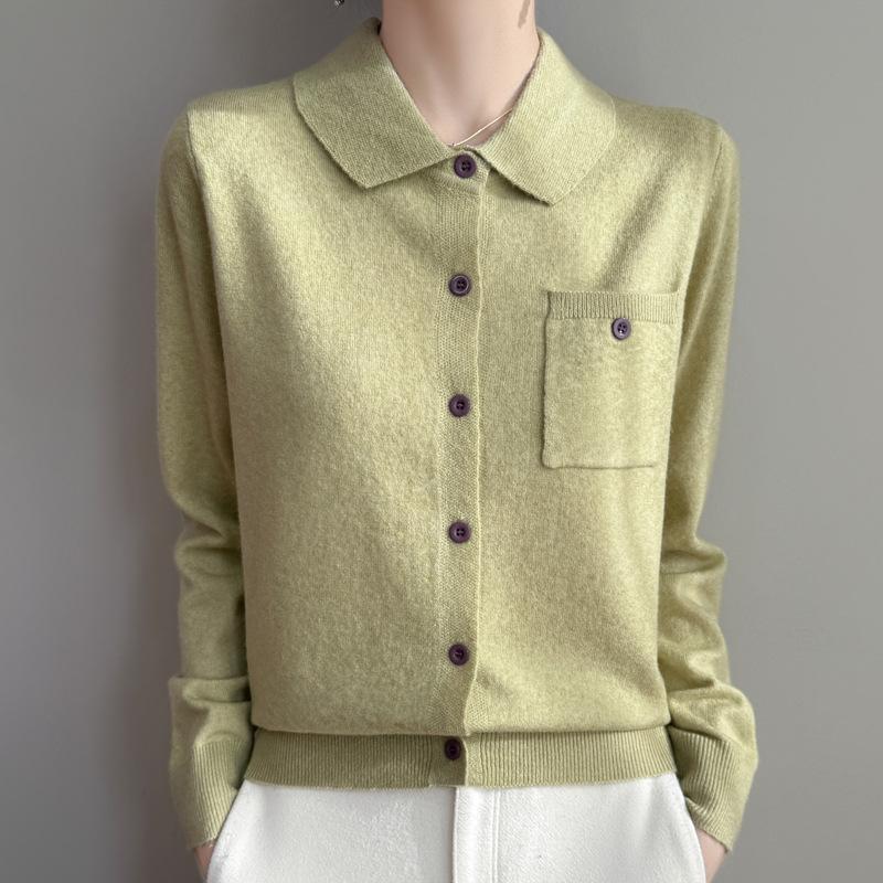 Spring and Autumn New Casual Simple Lapel Knitted Cardigan Solid Color Single Pocket Sweater Jacket