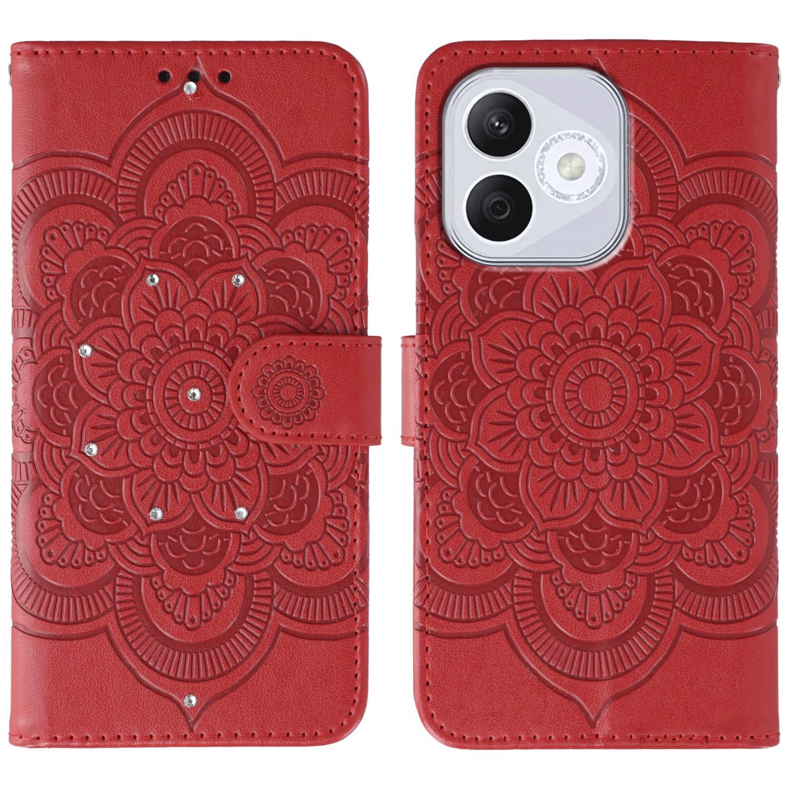 

For Honor 400 Lite 5G Case Rhinestone Decor PU Leather Mandala Imprinted Design Phone Cover with Wrist Strap Red