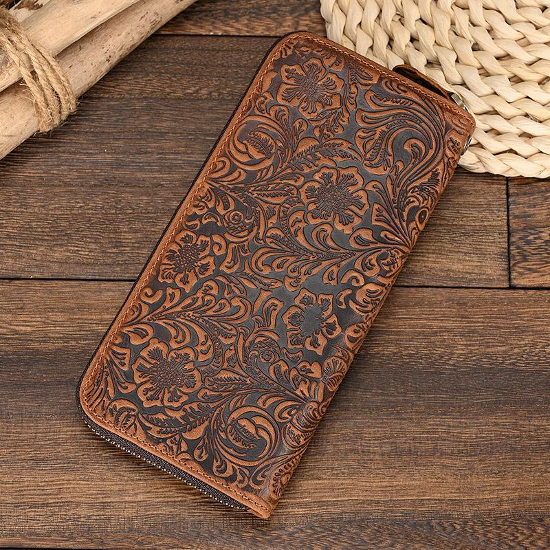 Men's Zip Long Wallet Natural Cow Skin Purse Leather Credit Bank Card Cash Cell Phone Wallets Men Women Male High Quality