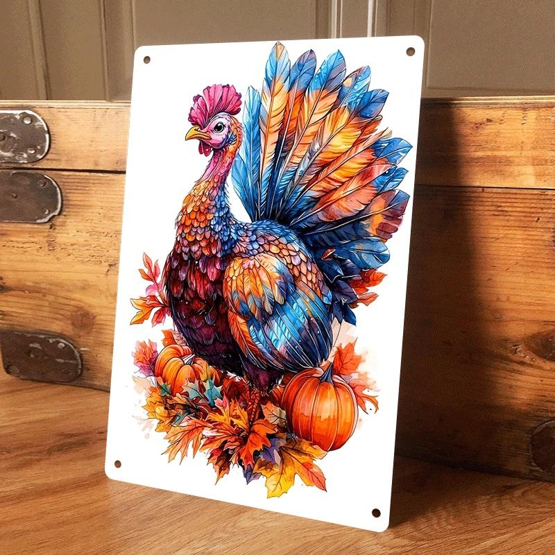 1 Piece: Thanksgiving Turkey Tin Painting Plaque; Autumn Harvest Pumpkin and Maple Leaf Decorative Painting; Living Room/entrywa