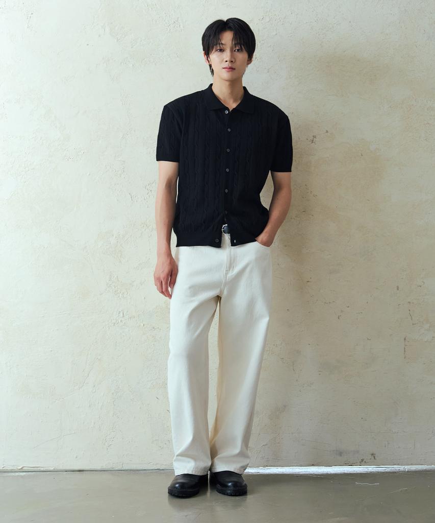 Nodu Collar Cable Viscose Short Sleeve Cardigan [Black]