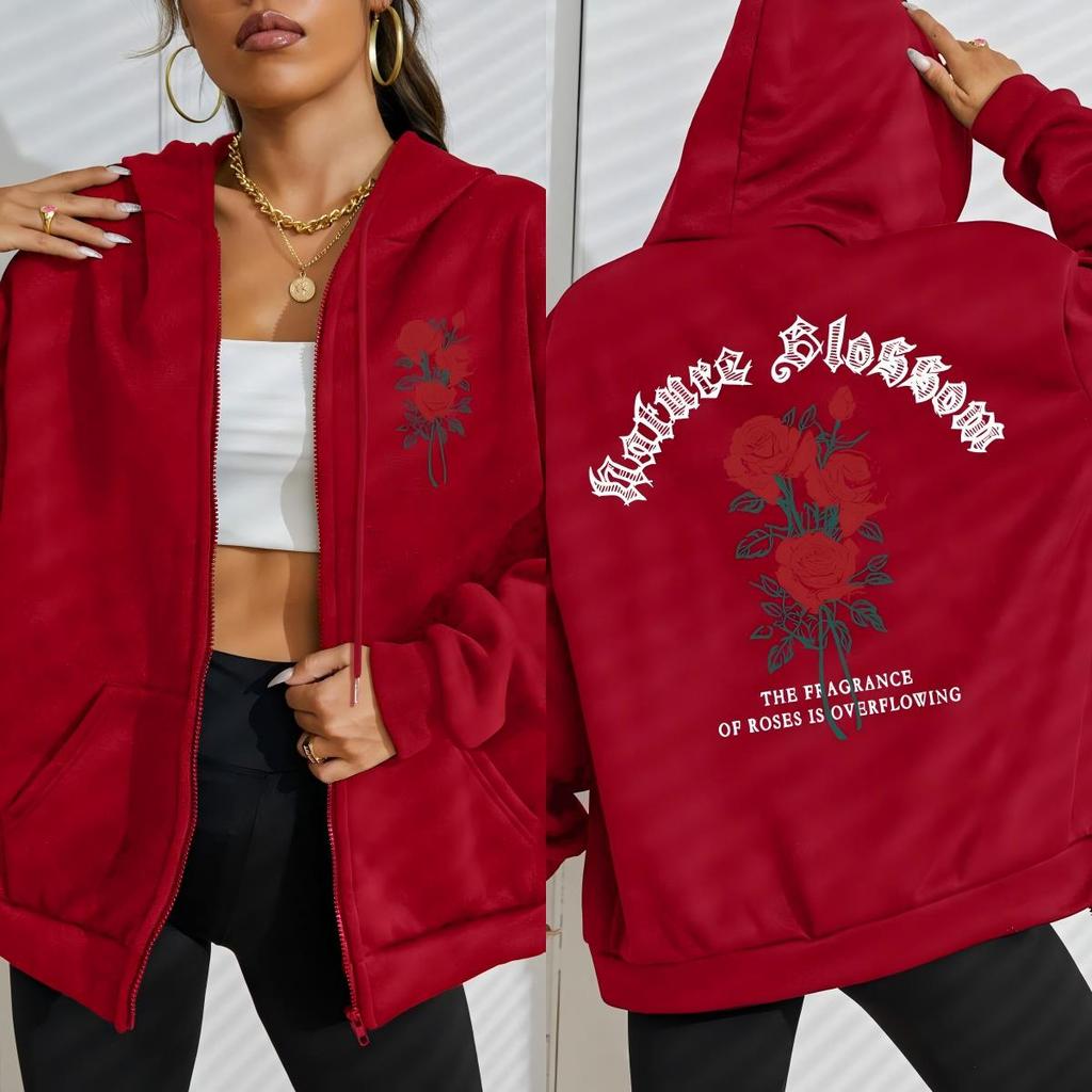 Nature Blooming The Roses Flower Prints Zipper Hoodies Women Casual All-Match Hoodie Loose Sportswear Clothing