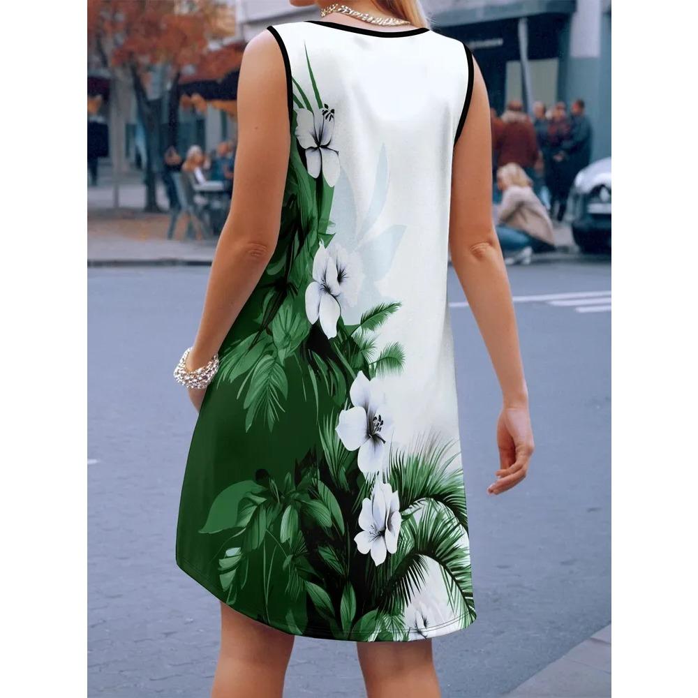 Robe d'été sans manches grande taille pour femme, motif floral 3D, col rond, longueur genou, sans poche, coupe ample, douce