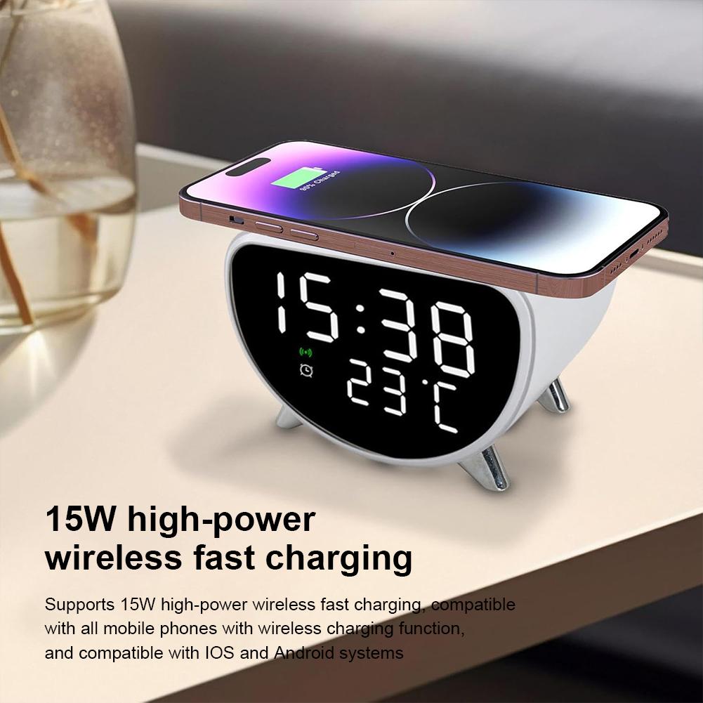 Digital Alarm Clock with Wireless Charging with Temperature Meter 15W Fast Wireless Charger Station for Bedrooms