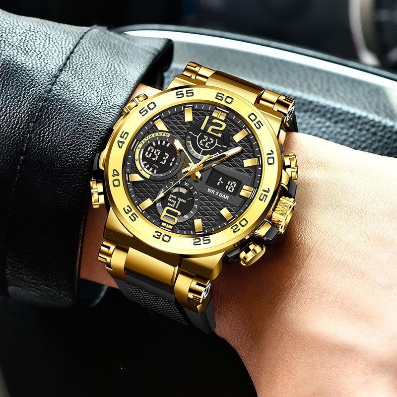 Vanntett LCD Dobbelvisning Kvarts Armbåndsur Multifunksjonell Elektronisk Klokke for Menn Sport Silikonklokker