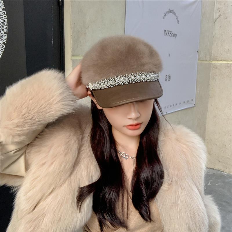 Women's Hats Fall and Winter Plush Flat Top Navy Hat Fashion Versatile Pearl Cap Lace Winter Star Anise Beret