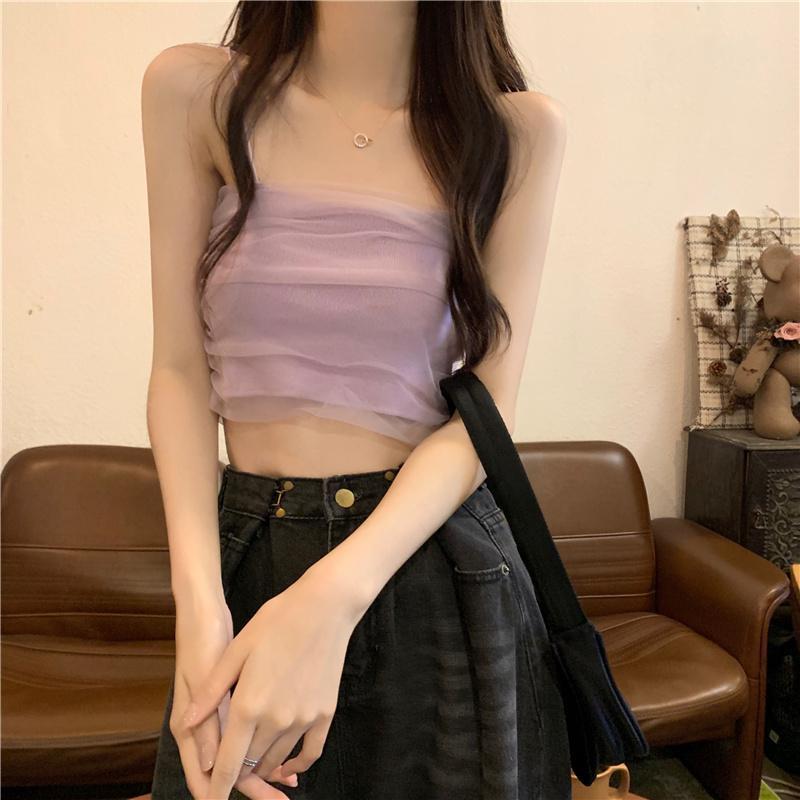 White Mesh Suspender Tank Top for Women's Summer Short Slim Fit and Strapless