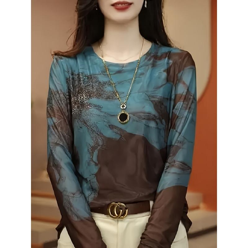 Elegant Floral Print Crew Neck T-Shirt for Women - Casual Long Sleeve, High Stretch, Breathable Polyester Blend, Perfect for Spring & Fall