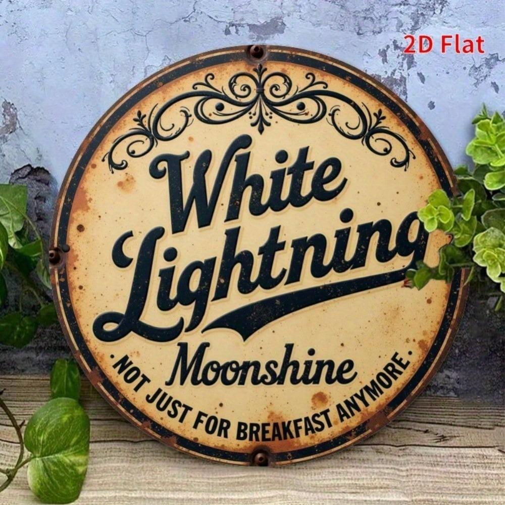 Iron Metal Wall Art White Lightning Moonshine Moon Sign 8 Inch Round Vintage Rustic Home Decor Gift For Porch Living Room Bedroom Office Halloween