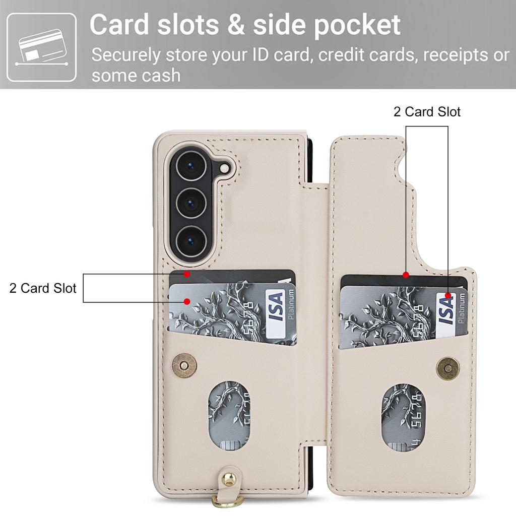For Samsung Galaxy Z Fold5 5G Case Card Slots Leather Coated TPU Flower Phone Cover with 2 Straps