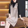 Hengyuanxiang Two-Piece Knit Vest Dress Set: Mid-Length Sweater Dress, Slimming & Tummy-Concealing for Autumn/Winter.