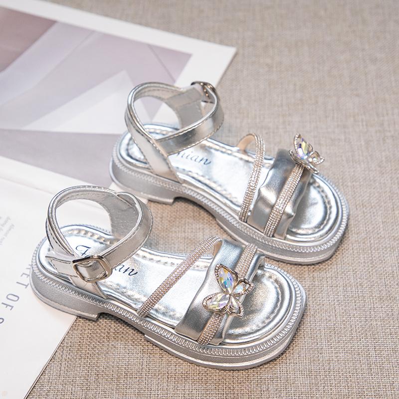 Dívčí princeznovské sandály s motýlím uzlem, dětské sandály s kamínky, letní módní dětské funkční boty, protiskluzové, 2024