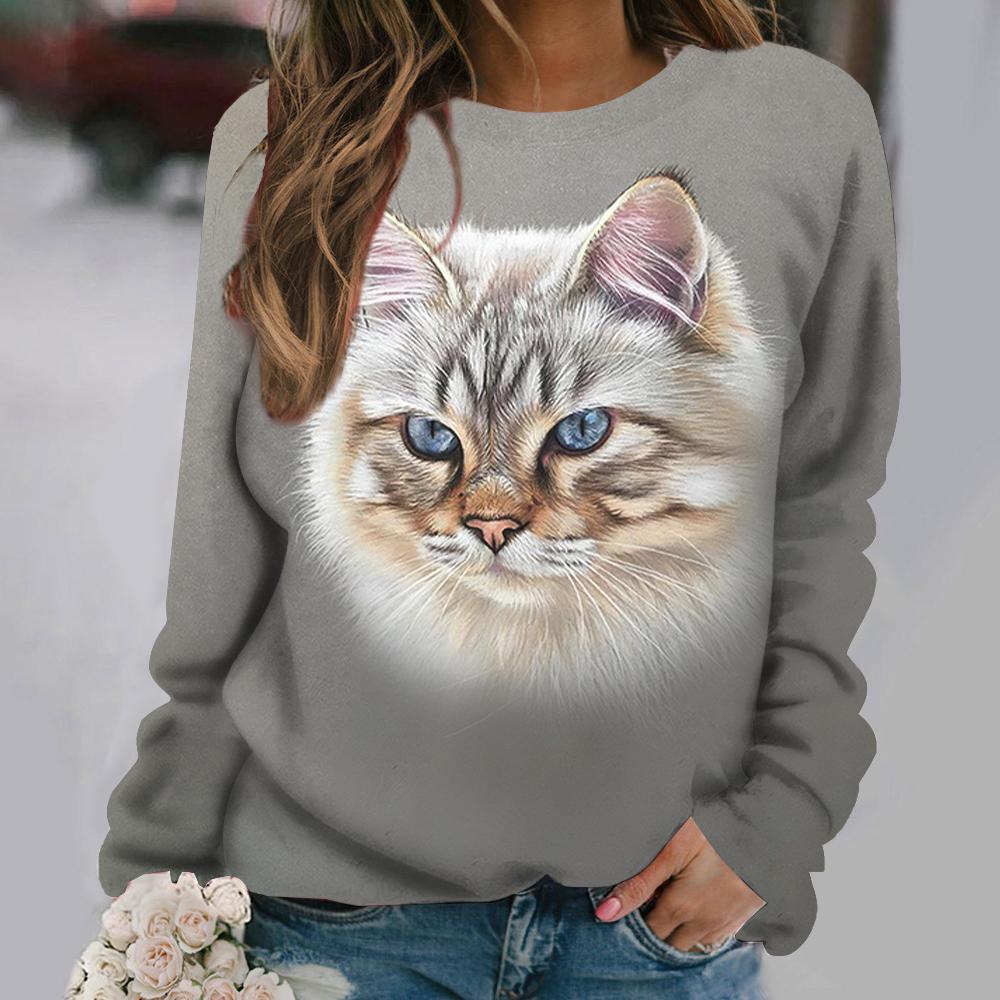 Tricouri pentru femei cu imprimeu cu pisici cu anime Pulover stil vintage din bumbac cu decolteu O Y2k cu mânecă lungă Îmbrăcăminte de damă Pulover de stradă supradimensionat