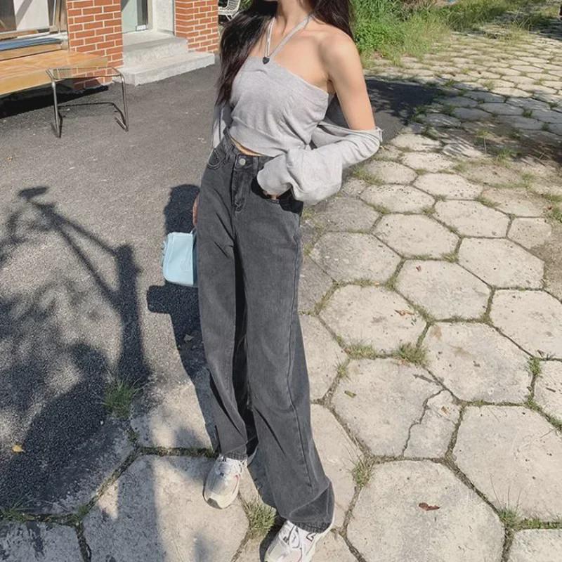 Women's High Waist Black Gray Wide-Leg Jeans - Slim, Floor-Length, Autumn/Winter 2021 Style