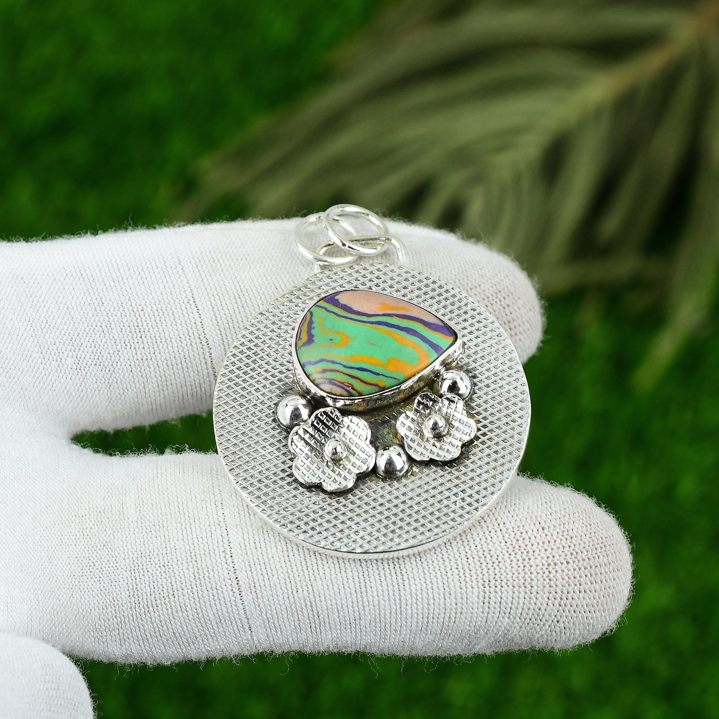 Anniversary Gift For Her Natural Rainbow Calsilica Gemstone Pendant 925 Silver
