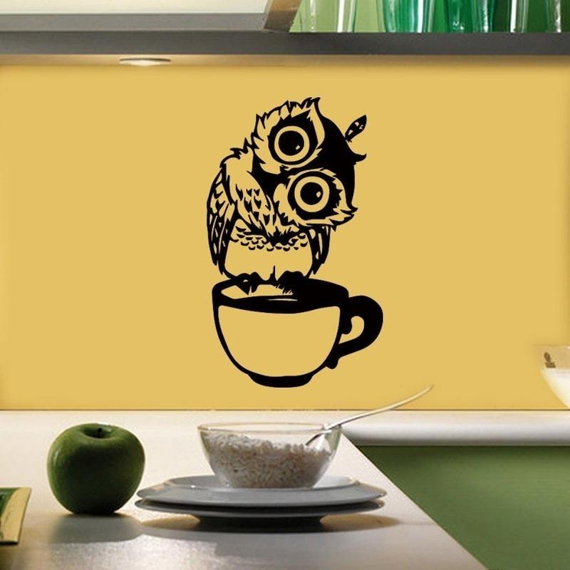 Funny Cartoon Owl Cup of Tea Coffee for Kitchen Stickers Home Decor Living Wall Sticker
