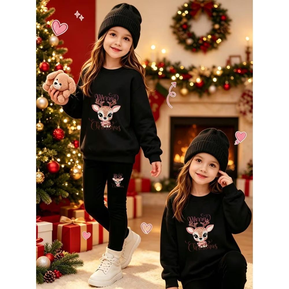 Girls' Xmas Deer Casual Comfortable Soft Loose Pullover Sweatshirt and Leggings 2-Piece Set, New Autumn/Winter, Playful, Sweet and Cool Style