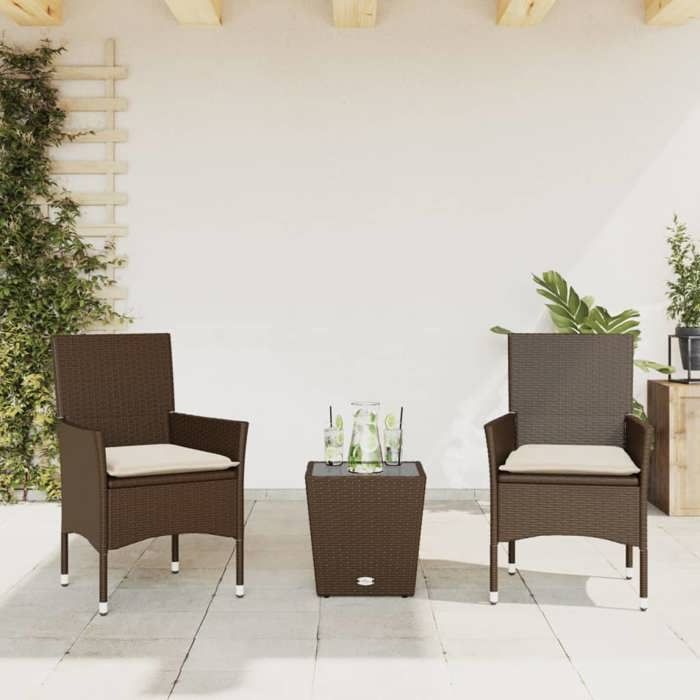VidaXL Ensemble de bistro avec coussins 3 pcs marron rotin et verre, ensemble de bistro de jardin, ensemble de balcon, 3278741