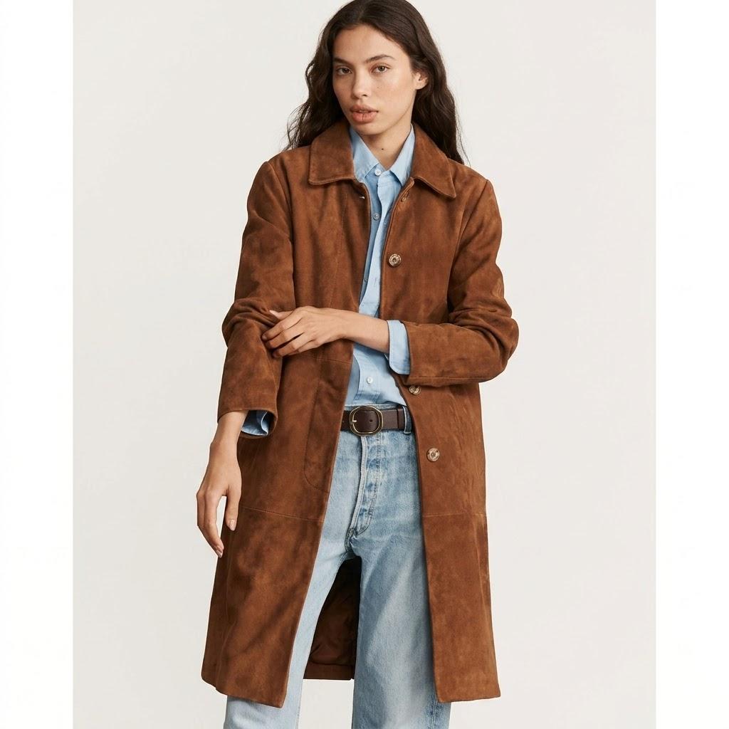 Women s Handmade Stylish Brown Suede Trench Coat Real Soft Fit Lambskin Leather S коричневый