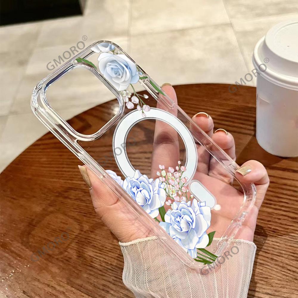 iPhone16 mobile phone case transparent blue rose MagSafe magnetic suction Apple 17Pro small fresh anti-drop protective case