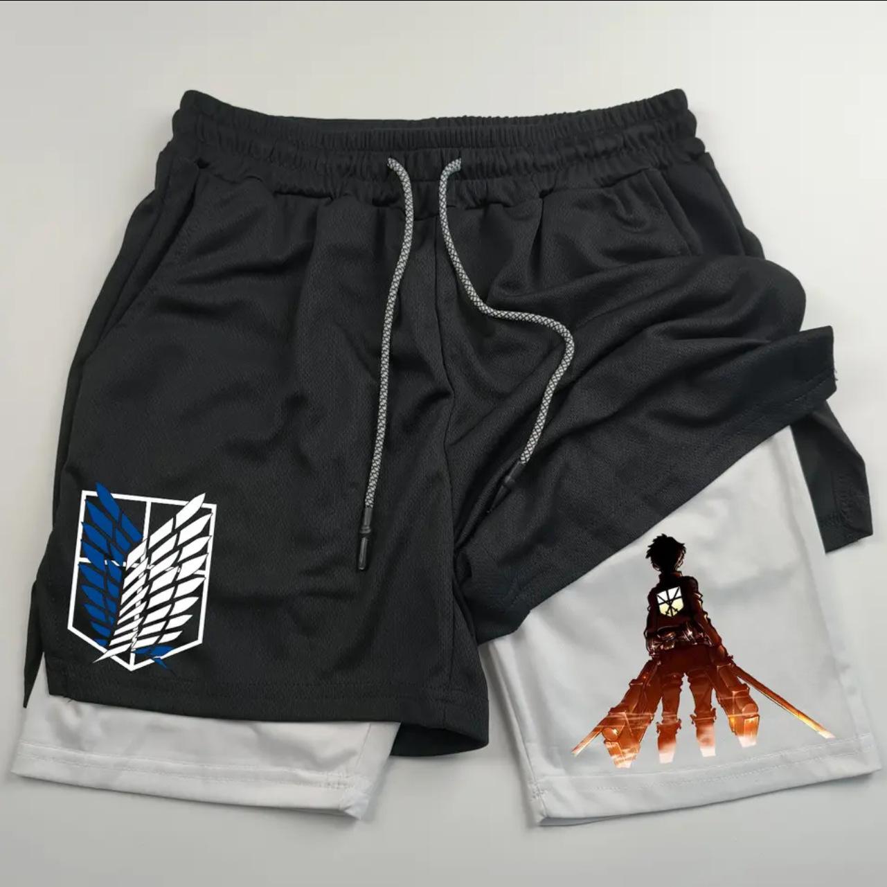 Fancy Style Studio Anime Attack on Titan Print Heren Twee-in-E&eacute;n Dubbellaags Sport Fitness Casual Shorts 2XL