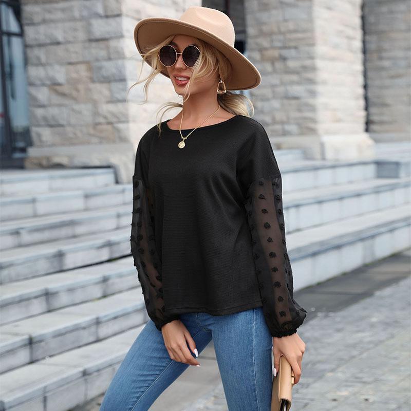 Fashion Casual Tops Shirts Clothing Fashionable and Casual Temperament Autumn and Winter Solid Color Tops for Women Black Lace Splicing Knit Sweater