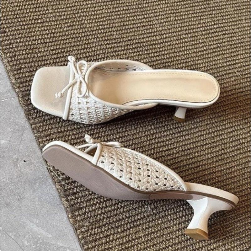 Fashion New Women's Summer Butterfly-knot Slippers Street Style Square Toe Thick Heel Dress Shoes Outdoor Ladies Slides Zapatos Mujer