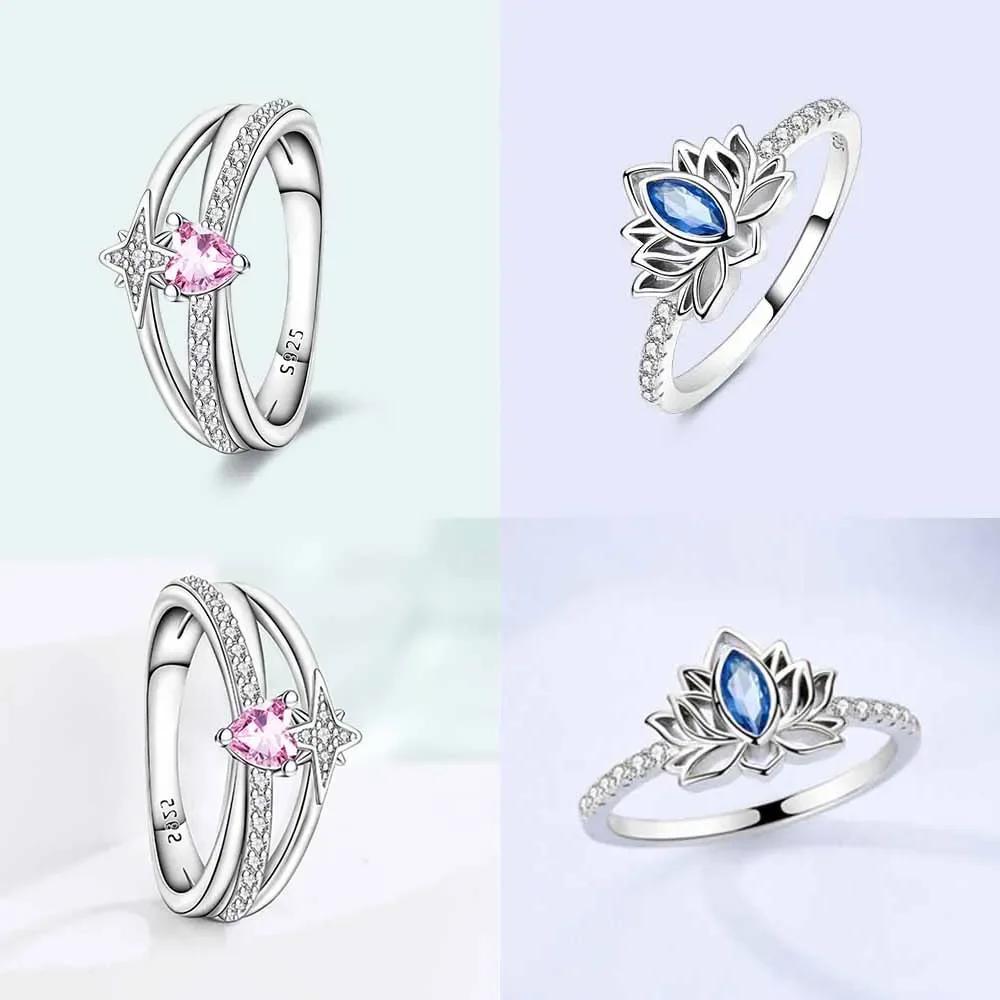 Authentic Copper Jewellery Pink Heart Love Star Shape Blue Zircon Rings Fine Anniversary Luxury Delicate Rings Girlfriend Gift