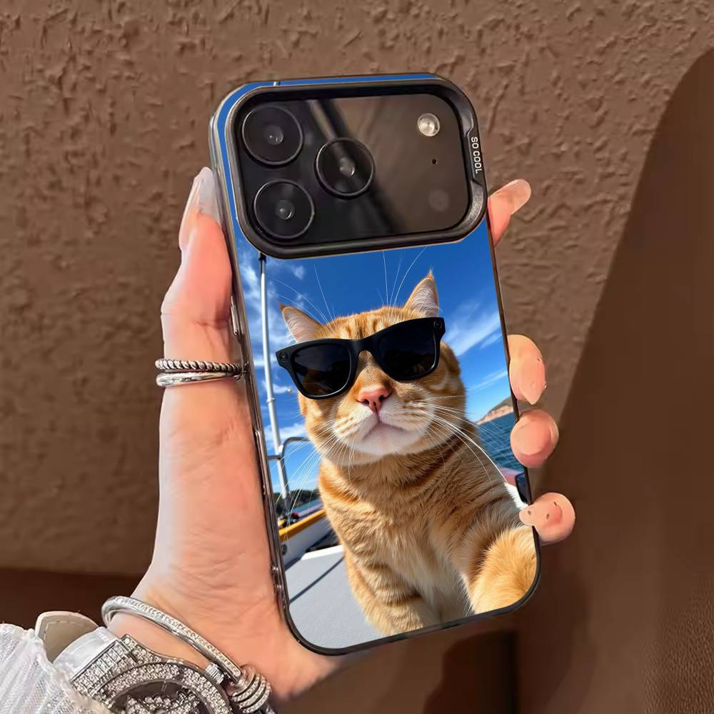 Cute Cool Sunglasses Cat  Phone Case For iPhone 17,16,15,14,13,12,11,Pro Max,Plus Candy Silver Cover