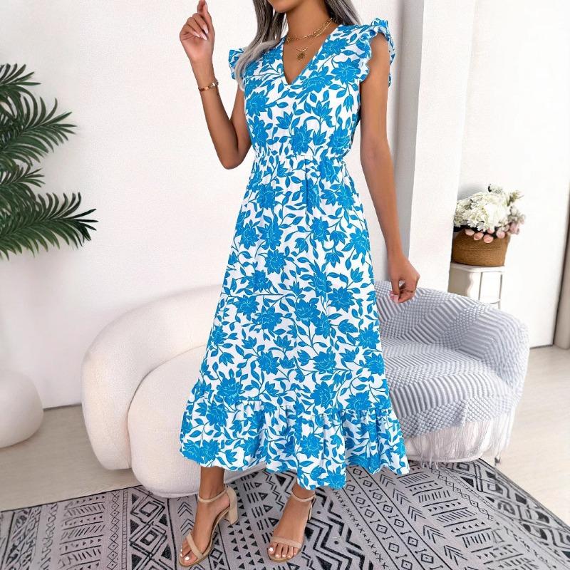 Women's Spring and Summer Leisure Wooden Ear Edge Flower Waist Long Skirt Holiday Dress