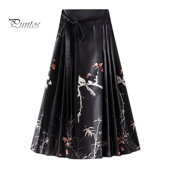 Dámská maxi sukně v čínském stylu Vintage sukně s vysokým pasem Elegantní květinový potisk ptáků Hanfu sukně skládaná šněrovací sukně s koňským obličejem