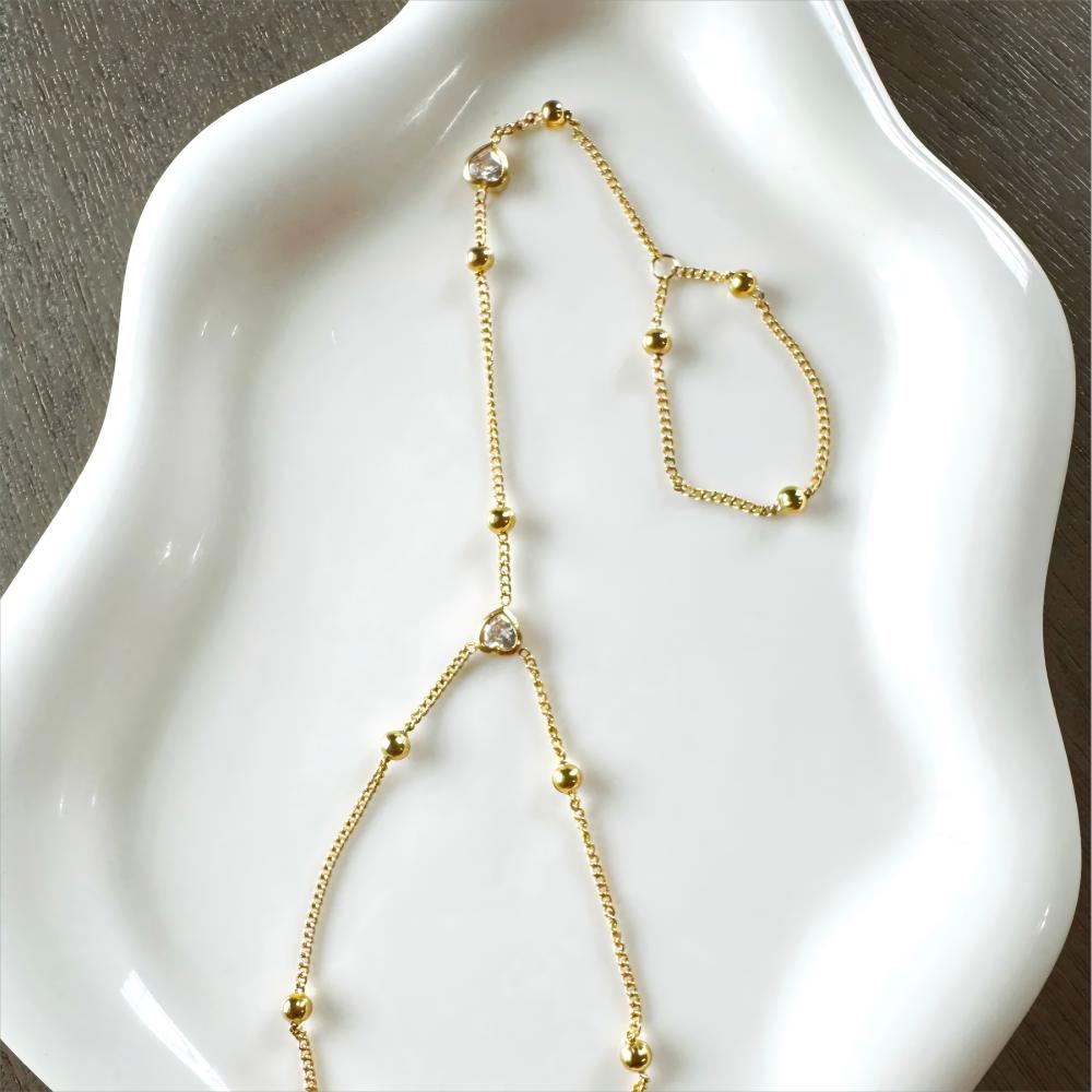 Boho Dainty Delicate Love Heart CZ Stainless Steel Hand Chain Bracelet for Women Waterproof Modern Finger Bracelet Jewelry Gift