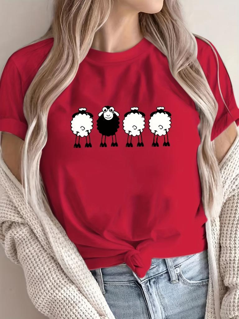 T-shirt Casual Short Sleeve Top Four Sheep Print Round Neck Aesthetic Clothes