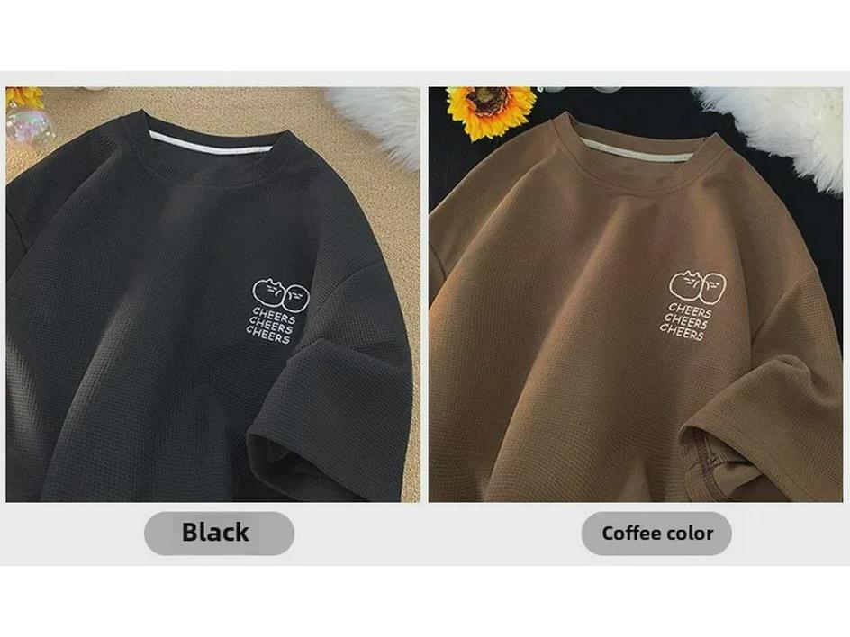 Men's Summer Waffle Knit Ice Silk Short-Sleeve Embroidered T-Shirt - Korean Fashion, Loose Fit, American Heavyweight.