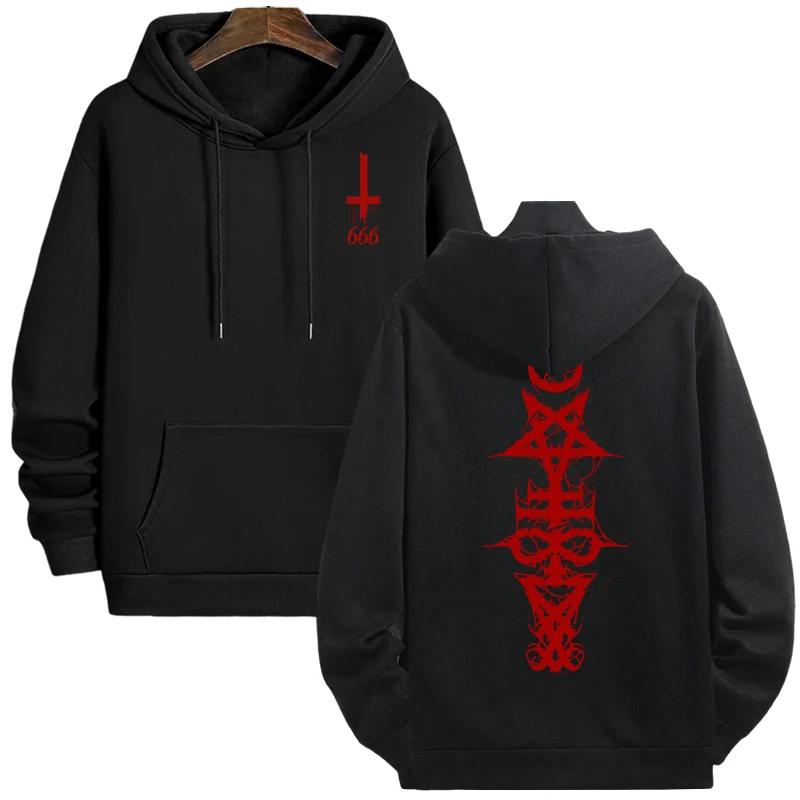 Mens Gothic Hoodie Satanic Symbol Print Street Fashion Warm Pullover Unisex Oversized Sweatshirt Outerwear Autumn Winter Outwear