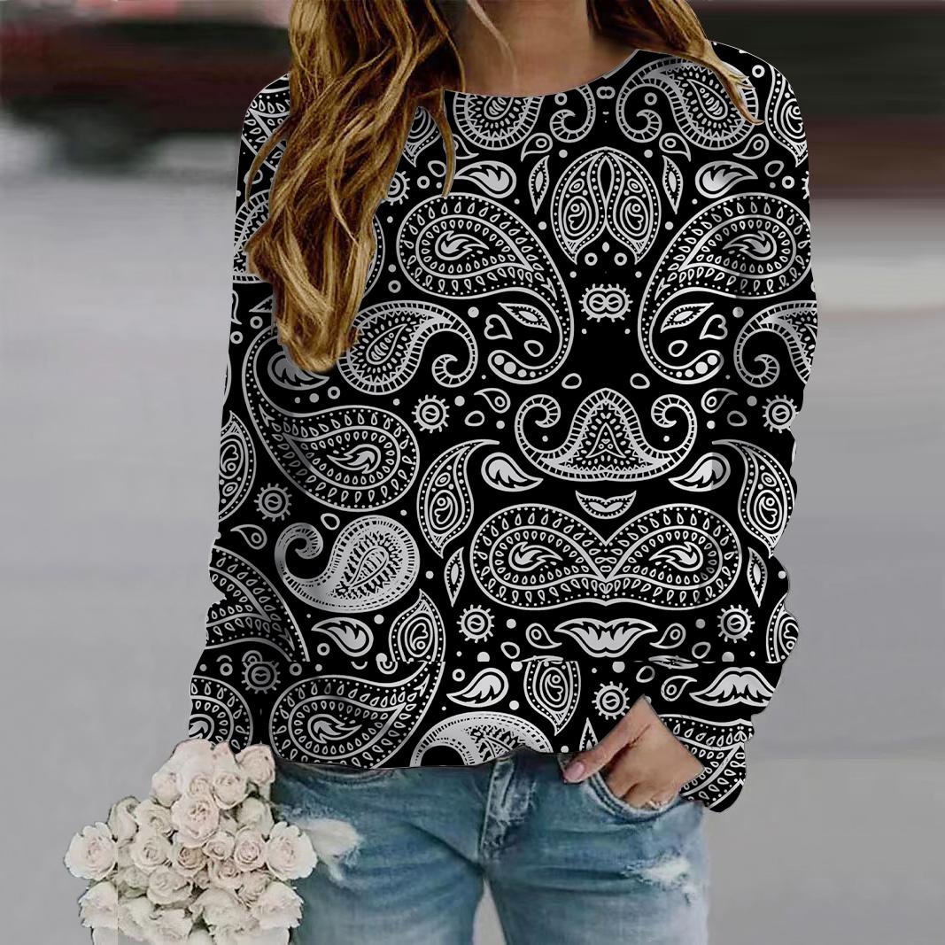 Осень-Осень женская мода O-образный вырез длинный рукав футболка свободная одежда — фото 3