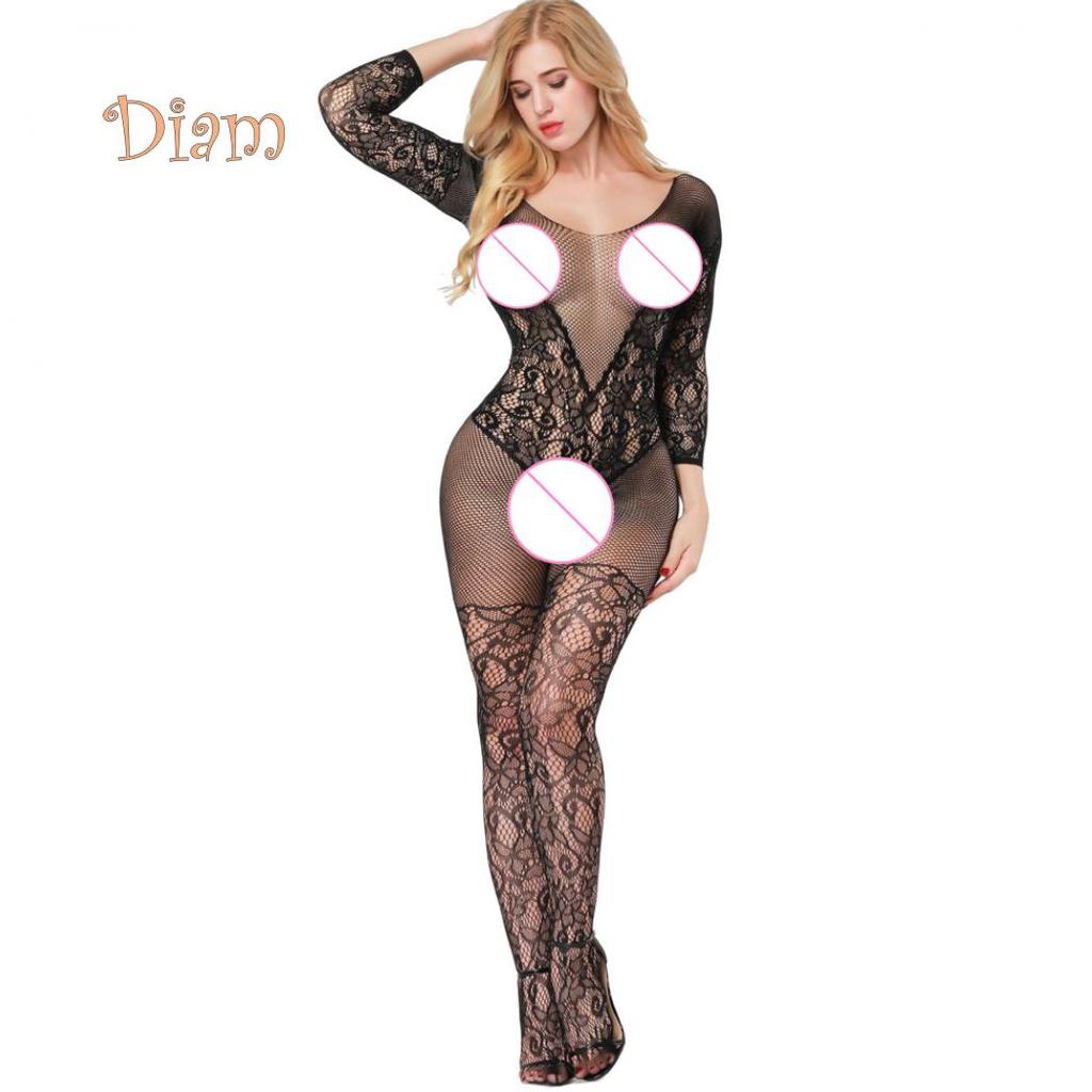 Lollipops Embroidery Hollow Mesh Crotchless Women Bodystocking Sexy See-through Bodysuit