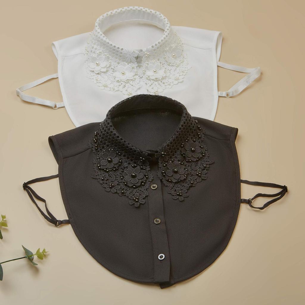 Luxury Lace Detachable False Collar for Womens Shirts Dresses Embroidery Beaded Chiffon Removable Neckline Accessories