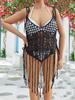 Summer Casual Hollow Out V Neck Bikini Blouse Women Design Sexy Loose Sleeveless Lace Up Sling Top Female Vintage Patchwork Tassels Off Shoulder Tops