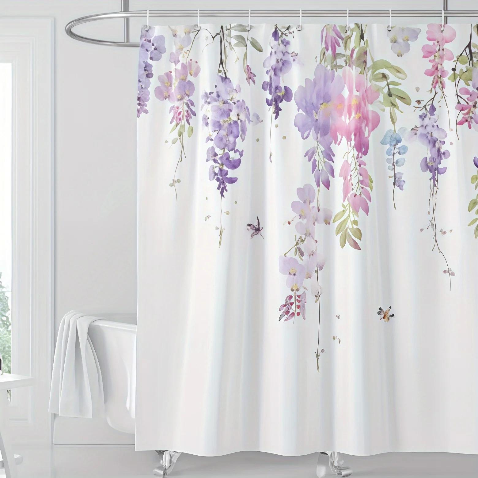 

1pcs Purple Floral Shower Curtain, Digital Print Bathroom Curtain, Machine Washable, Hooks Included Perfect for Modern Bathrooms 90x180cm