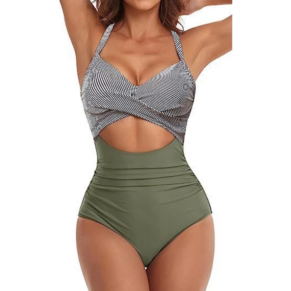 European and American One-piece Hard Bag Swimwear Hollow Solid Color High Waist Tight Swimsuit