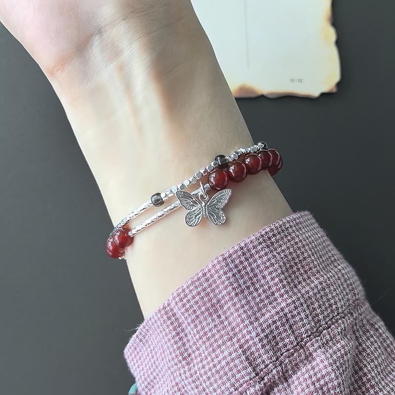 Silver Plated Bracelet for Women Pearl Red Agate Turquoise Glass Fish Butterfly Geometric Elastic Jewelry Party Gift