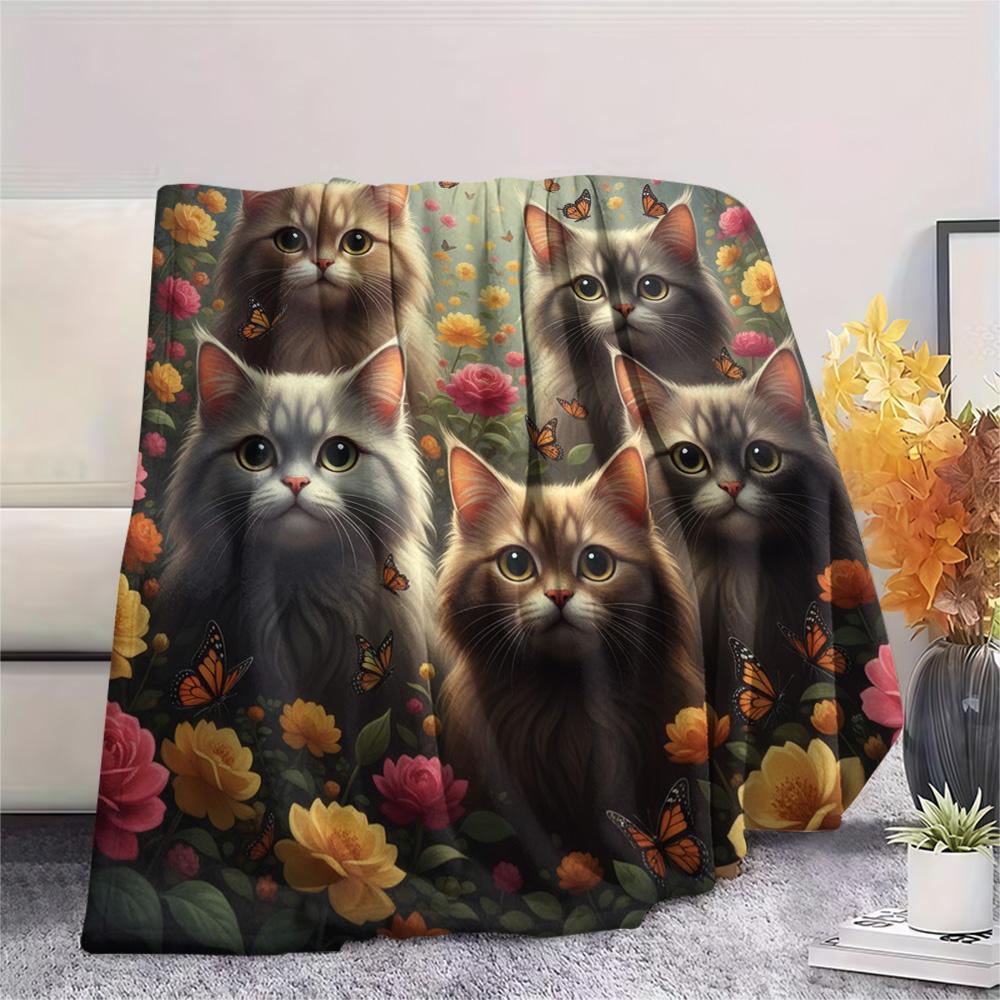 1PC Cat Print Flannel Blanket, High quality Comfortable for All Seasons, Home Decor, Warmth and Comfort