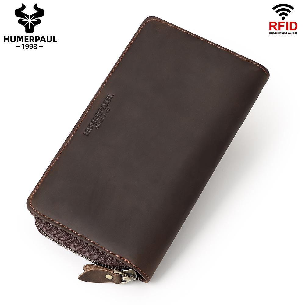 

HUMERPAUL Men wallet, first layer cowhide clutch, large-capacity horizontal zipper, concealed pocket кавовий